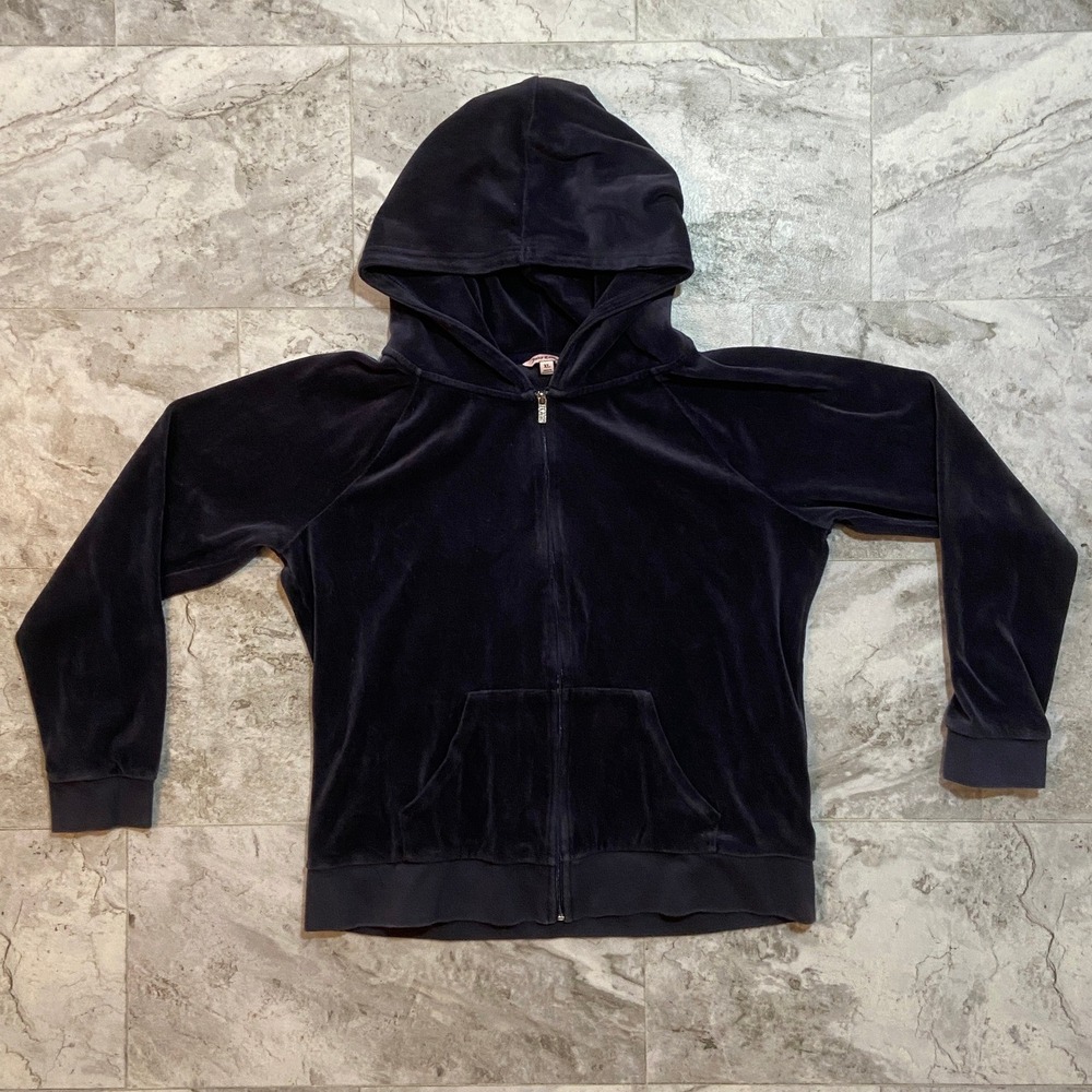 Juicy Couture Womens XL Black Velour Zip Up Hoodie Rhinestone Pull